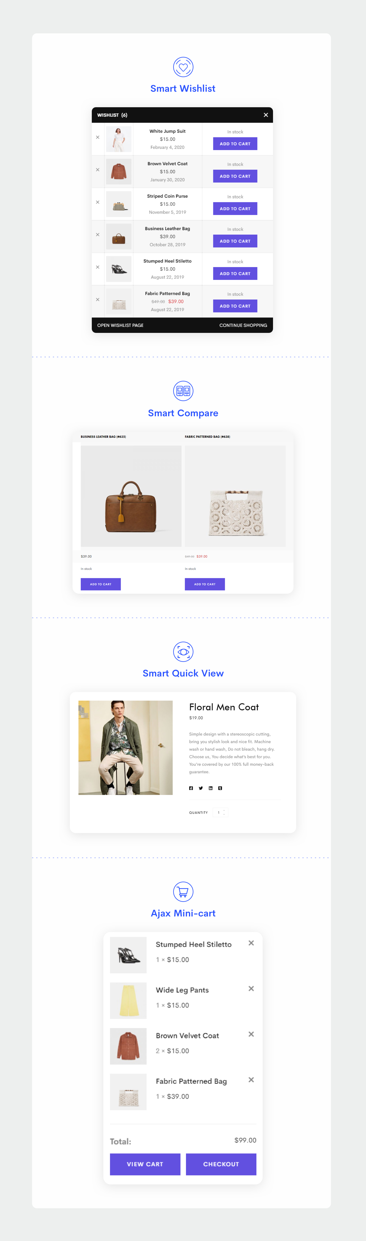 shop feature with smart wishlist, quick view, compare, ajax