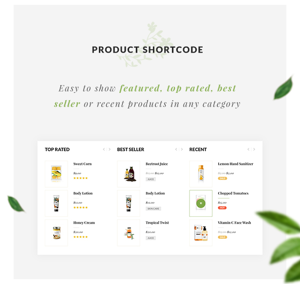 Tema de WordPress para tienda orgánica: códigos cortos de productos
