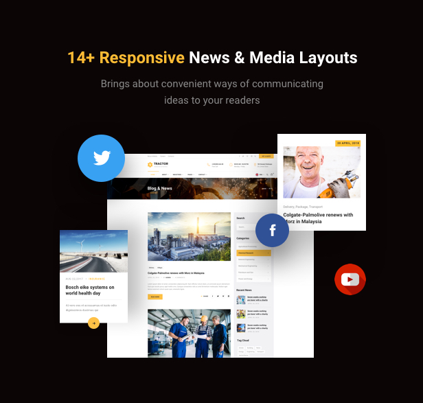 Industrial Manufacturing WordPress Theme - 14+ Responsive News & Media Layouts